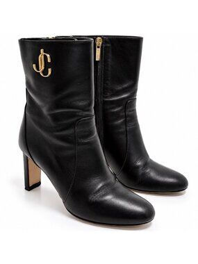 Jimmy Choo Black Leather JC Logo Ankle Boots 39 9 Gold Hardware Heel Booties